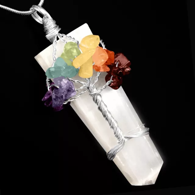 Selenite Tree Of Life Wire Wrap Crystal Chakra Gemstone Pendant Silver Necklace