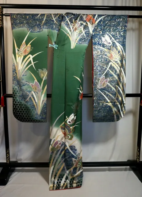 Japanese kimono SILK"FURISODE" long sleeves,Stream,BF,Gold/Silver, L5'7"..3171