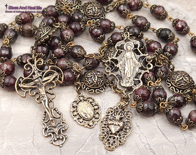 Miraculous Mary Lourdes Sacred Heart Holy Spirit Garnet Vintage Bronze Rosary