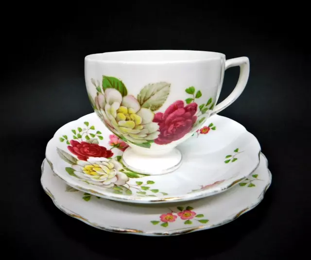 Vintage Colclough Red & White Rose Bone China Trio Tea Cup Saucer Plate England