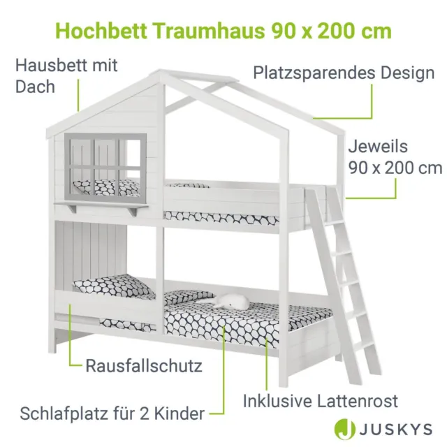 Hochbett Bett Kinderbett 90x200 cm 2 Betten Etagenbett Kinder Dach Weiß Juskys® 3