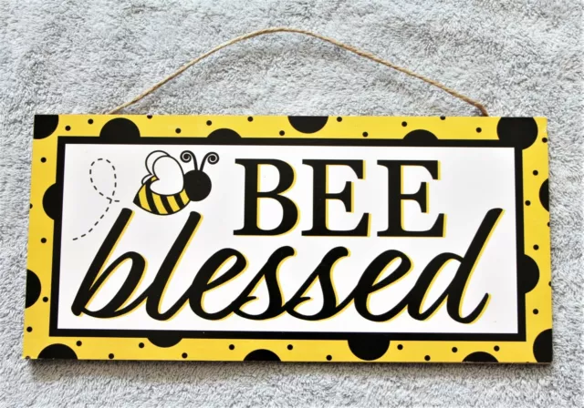 Bee Blessed Sign, Garden Art, 12” x 6” Wood Wall Hanging Decor