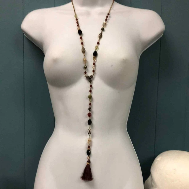 Chico’s long drop necklace with burgundy tassel gold bronze chain