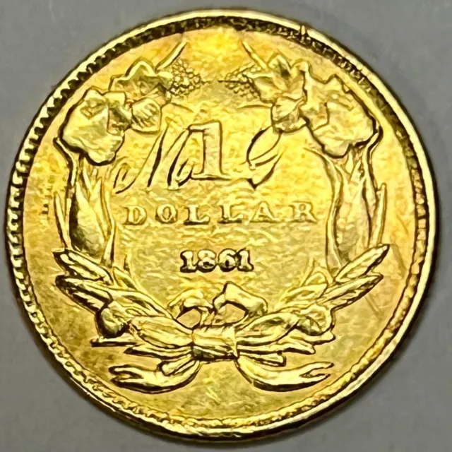 1861 Type 3 $1 Indian Princess Gold Dollar: Love Token "MG" Ex Jewelry