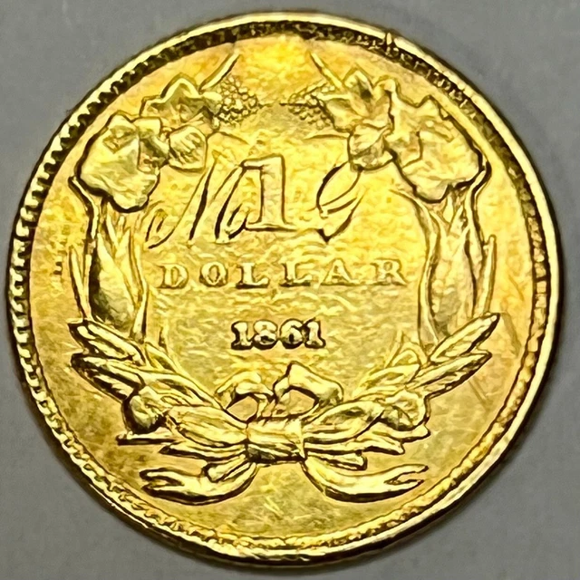 1861 Type 3 $1 Indian Princess Gold Dollar: Love Token "MG" Ex Jewelry
