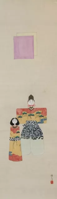 T1578 Japanese Vintage Hanging Scroll KAKEJIKU Hand Paint Paper HINA Doll