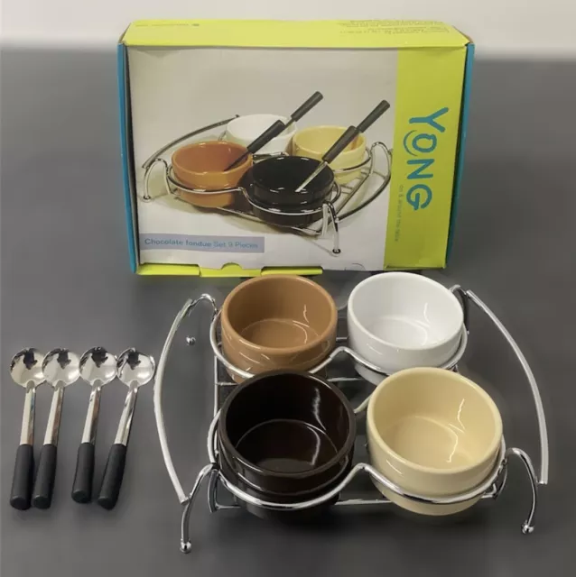 4 Bowl Ceramic Chocolate or Cheese Fondue Set with Chrome Stand and 4 Spoons