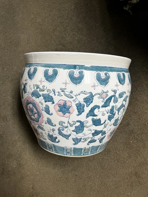 LARGE VINTAGE CHINESE Ceramic Fish Bowl Planter Jardiniere Pot 14” X 12