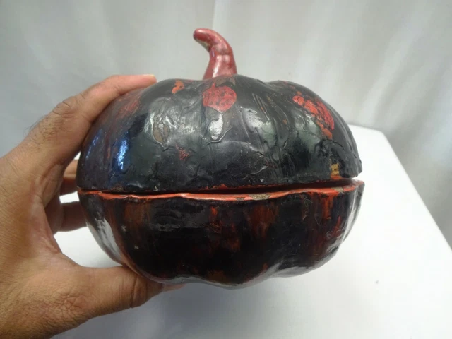 Antique Burmese Lacquerware Pumpkin Box Jewelry Box Black & Red Color Collectib" 2