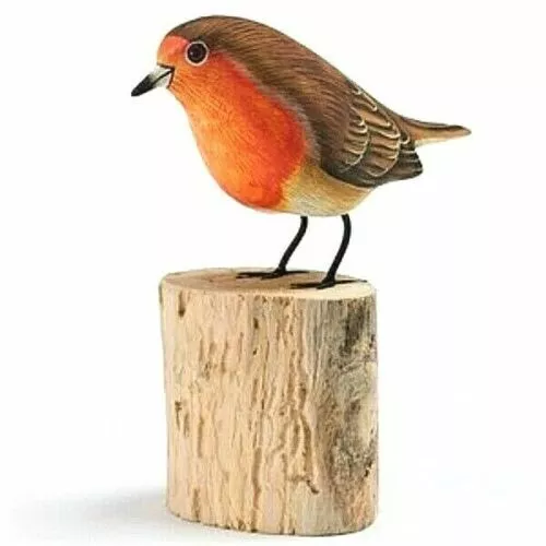 Robin Hand Carved Painted Bird Wood Log Tree Stump Wooden Figure Ornament