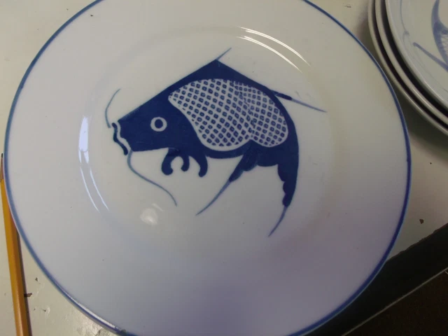 Chinese Blue & White Porcelain Koi Fish Carp 10” Dinner Plates Vintage 3 PLATES