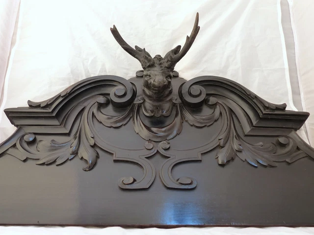 XL Antique Hand Carved Black Forest Pediment RARE 31" Hunting Horns Stag 19th