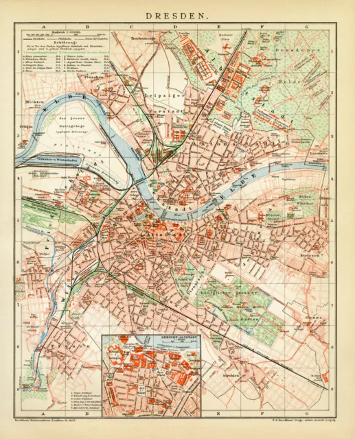 Dresden historischer Stadtplan Deutsches Reich alte Karte Lithographie ca. 1892