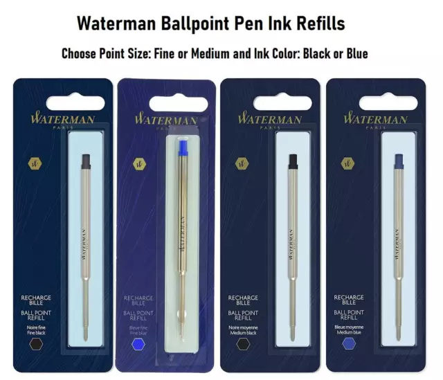 Waterman Ballpoint Pen Ink Refill, Choose Tip Point Size and Ink Color