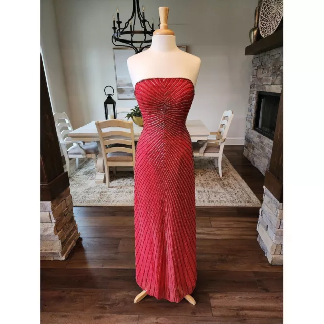 RARE!! Vintage Y2k Beaded Red Formal Strapless Prom Gown Dress Size 6