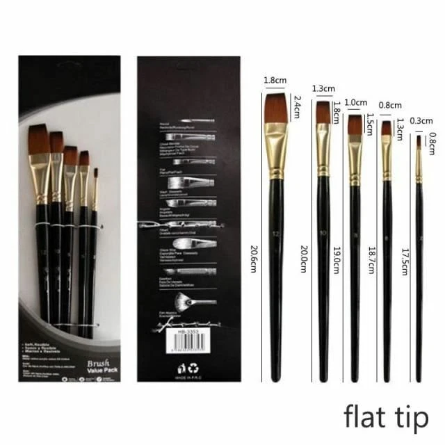 Set di Pennelli Artista Nylon Capelli Legno Nero Manico Acquerello Acrilico Olio 6