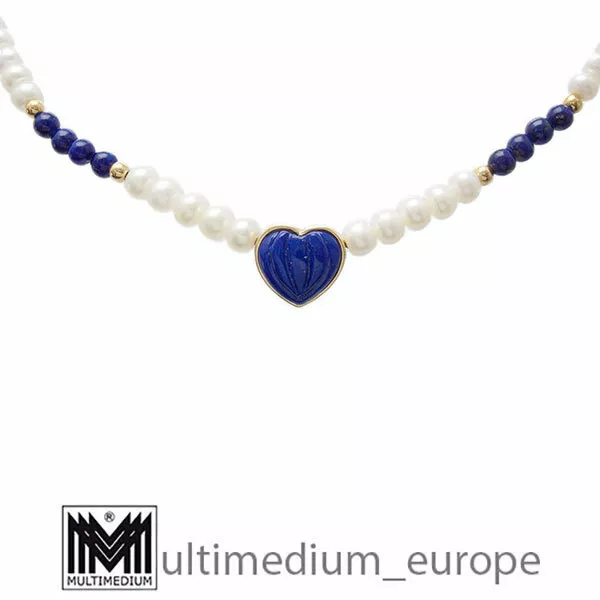 Modernist 585er Gold Lapis Lazuli Anhänger Perlenkette Pearl necklace