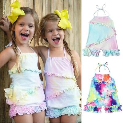 Toddler Baby Girls Suspenders Ruffle Backless Tie-dyed One Piece Romper Jumpsuit