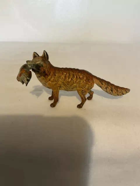 Antique Cold Painted Bronze Miniature Fox With Duck In Mouth