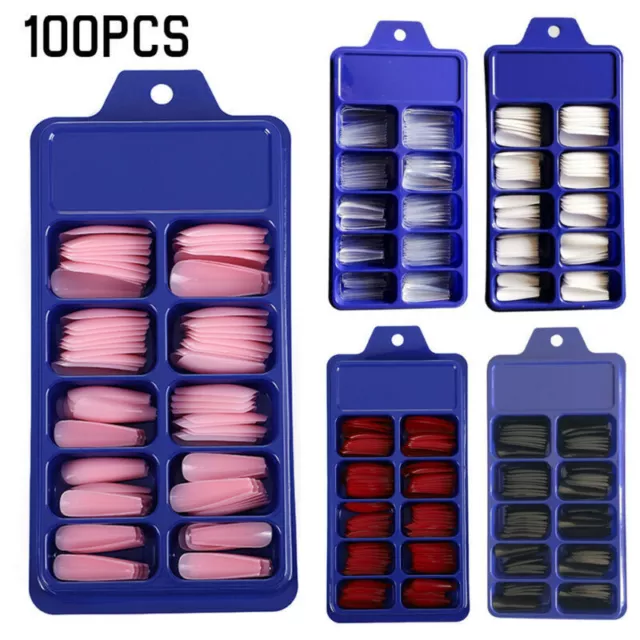 100x Long Fake Nails Natural Coffin Press on False Nail Art Tips ABS Full Cover' 2