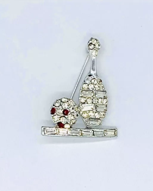 Vtg Rhodium Silver Tone Clear Red Glass Rhinestone Bowling Brooch Pin 3