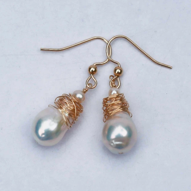 15-16mm Natural white Baroque Freshwater pearl 14k gold earrings Classic Diy