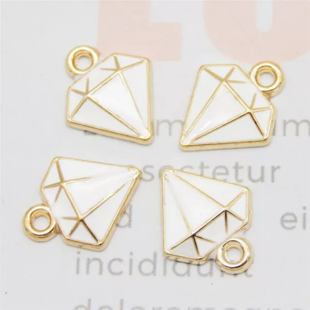 20 Stück Gold Metall Weiß Emaille Schmuck Anhänger Charm Diamant Form 15x12mm