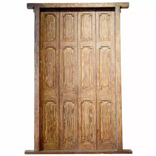 Large Antique Indian Teak Paneled Double Bifold Door with Jamb 19th century