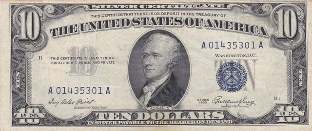 Kappyscoins W8372   Fr-1706 1953   $10.00 Silver  Certificate Nice Very Fine Vf
