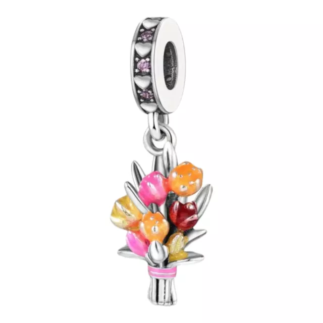 PANDORA SIZE CHARM Floral Bouquet Flower Rose Tulip Pink Red 925 Silver ...