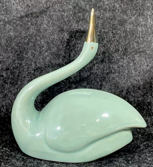 Vintage Turquoise Green Gold Swan Figurine MCM 6" Beak Up