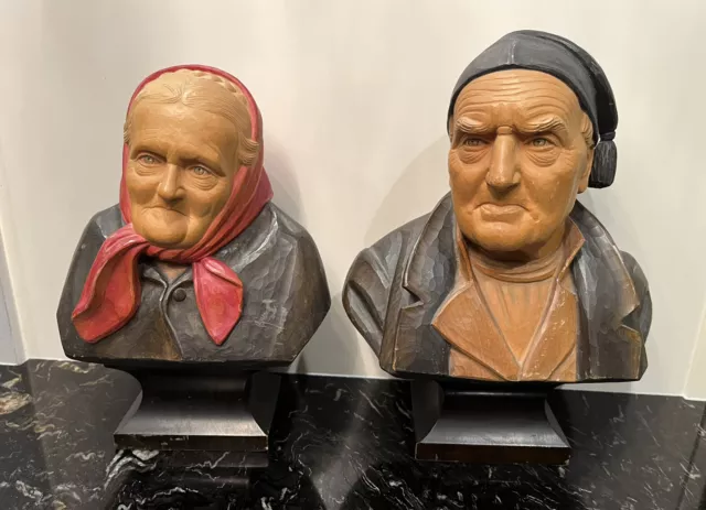 Vintage SWISS Hans Huggler Wyss LARGE Hand Carved Wood BUST OLD Man& Woman 12.5"