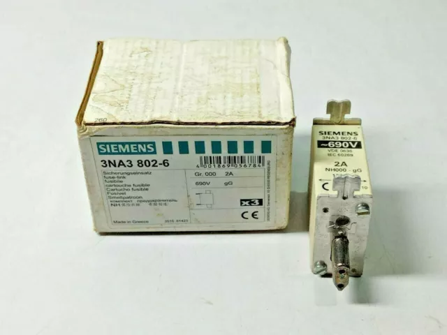 Siemens 3NA3 802-6 Fusible VDE 0636 IEC 60269 690v 2a Nh000-gg 120ka - 3pc Lot