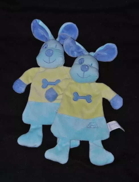 Lot 2 Peluche Doudou Chien Plat TIAMO Lapin Bleu Turquoise Vert Anis Os TTBE