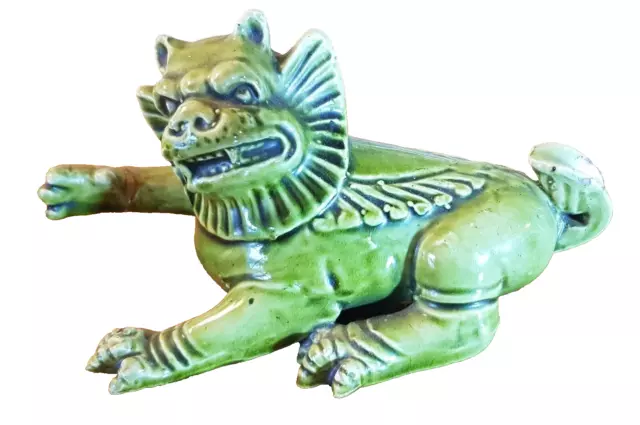 Antique Green Lion Dog pottery figure attributed as Japanese Meiji Period C1900