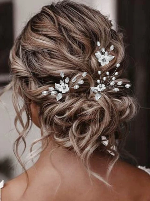 Flower Bride Wedding Hair Pins Silver Pearl Bridal Hair Piece Floral