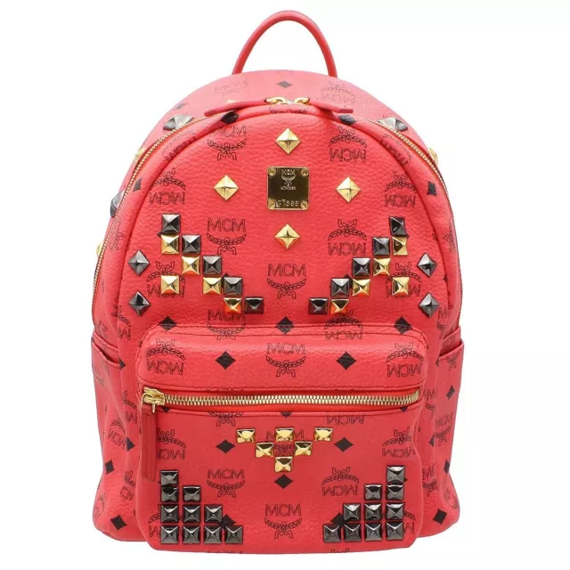 MCM Backpack Bag Visetos Coral Red Studded Women Z1964