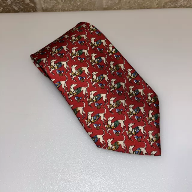 Salvatore Ferragamo Silk Tie Red Greyhound Pattern Italy Made Hunter Hunting