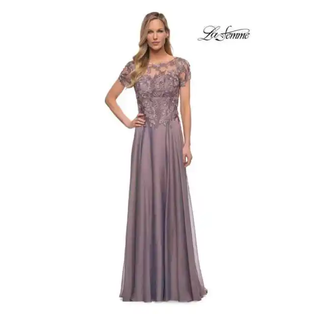 La Femme Womens 29235 Floral Chiffon Gown 2 Purple Taupe Embroidered NWOT