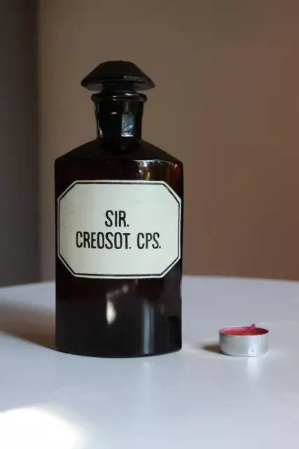 Apothekerflasche, Form selten, SIR. CREOSOT. CPS. rund mit 4 Kanten,alt, grosse