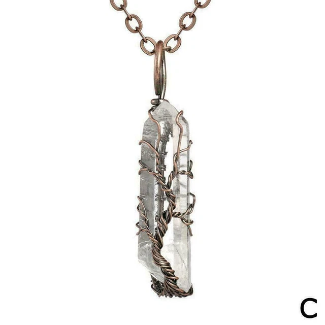 TREE OF LIFE-Crystal Quartz Pendant Necklace Wire Wrap Healing-Copper Chain