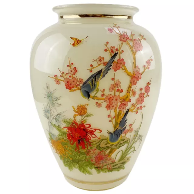 Vintage Large Oriental Glass Vase Blue Birds Cherry Blossoms Butterfly Gold Trim