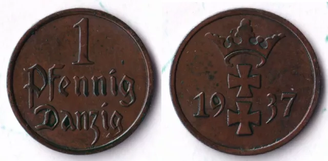 Münze, Danzig 1 Pfennig, 1937 Freie Stadt Danzig (1920 - 1939) Bronze KM# 140