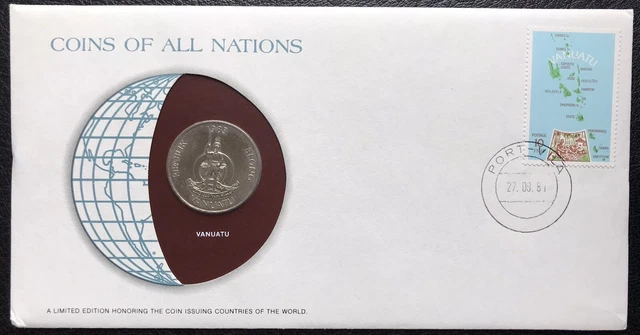 Vanuatu 1983 20 Vatu Coin & Stamp Cover ~ Coins of All Nations Issue ~ COA
