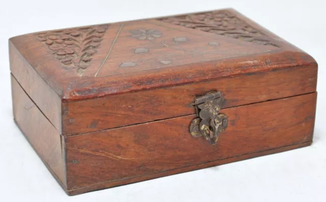 Antique Wooden Jewellery Box Original Hand Crafted Carved Teak Wood Brass Inlay
