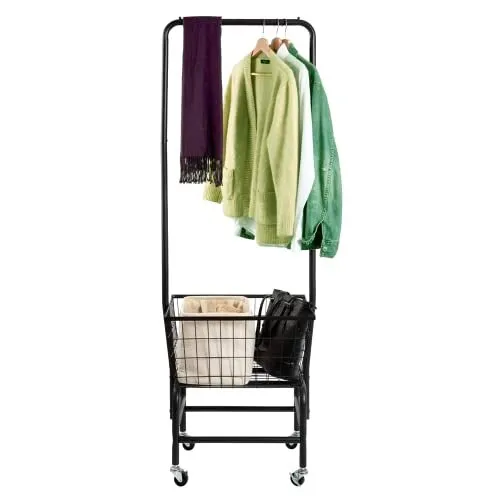 Rolling Laundry Hamper Basket Cart with Wire Storage Rack and Hanging Rack