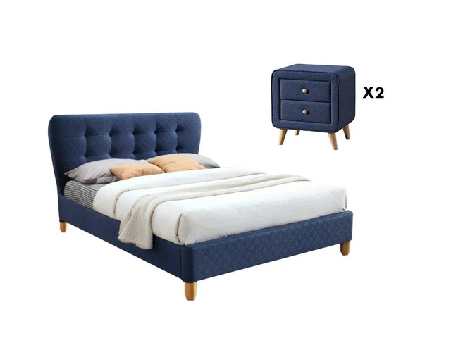 Ensemble lit 140 x 190 cm + 2 tables de chevet - Tissu bleu - ELIDE