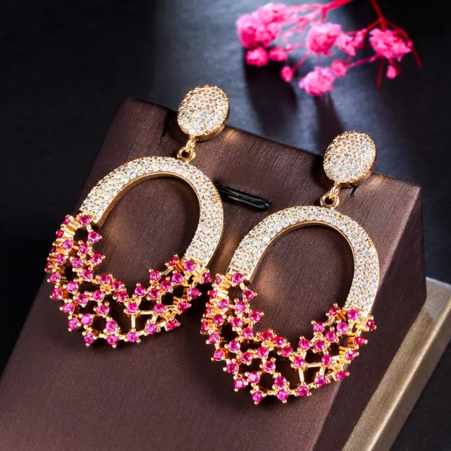 Long Dangle Drop Earrings Hot Pink CZ 925 Silver Bridal 18K Gold Plated Jewelry