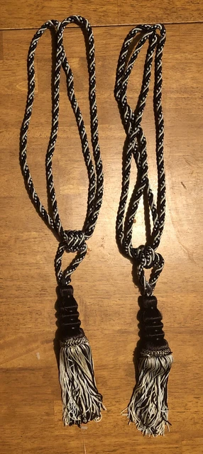 2 Drapery Curtain Braided Tie Backs Tassels Brown White Twisted