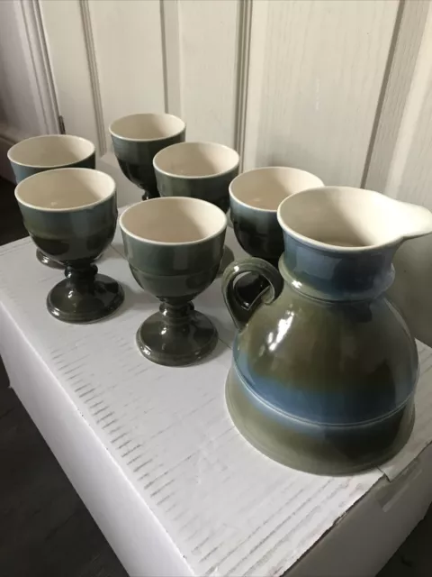 John Chipperfield Norfolk Studio Pottery. Jug and 6 Goblets. Blue/Green glaze